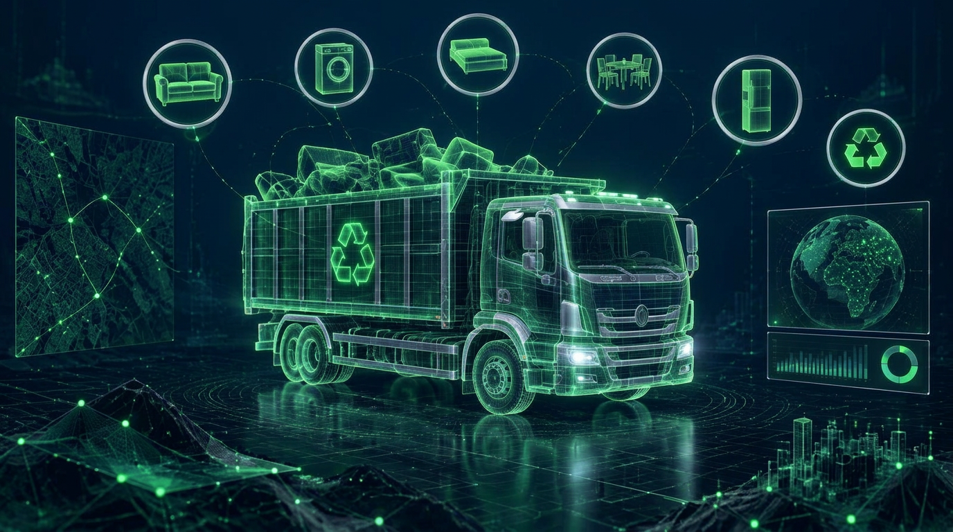 Holographic junk removal truck connected to a network of classified items
